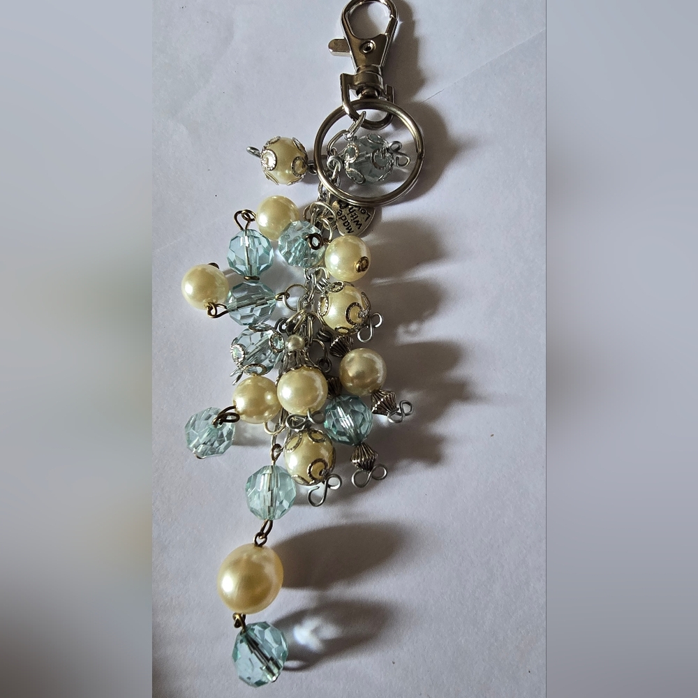 Blue Bead & Faux Pearl Purse/Key Chain Charm Handcrafted NEW One Of A Kind NEW